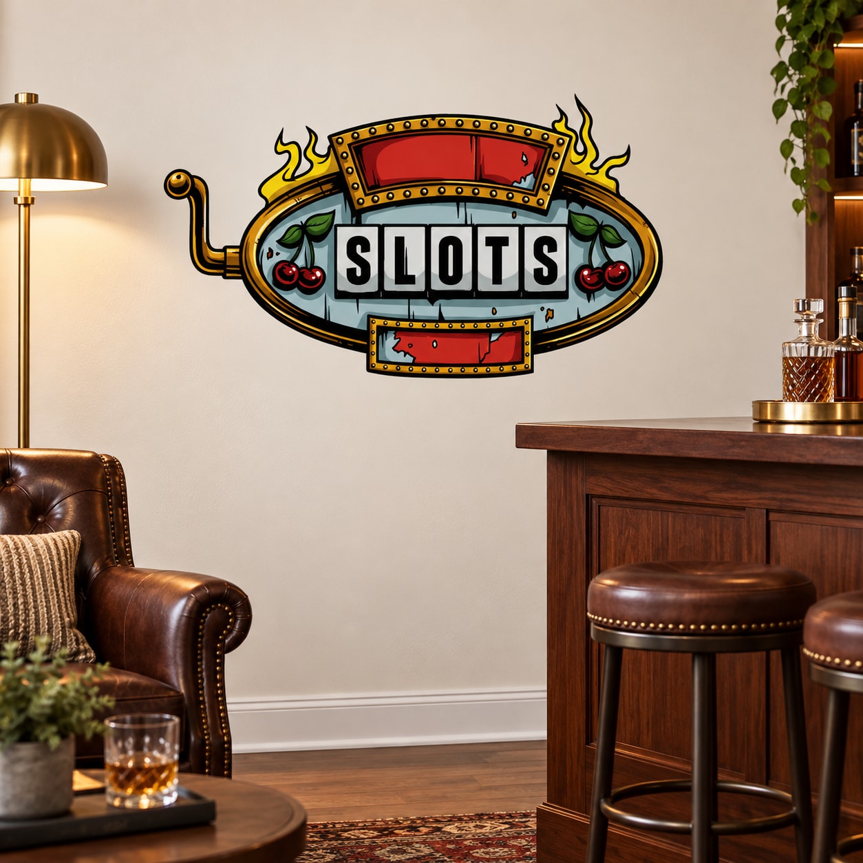 Slot machine sticker with colorful reels, banner, and gold frame
