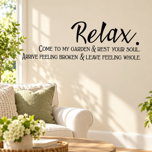 Relax wall decal with garden quote lettering and small decorative text lines