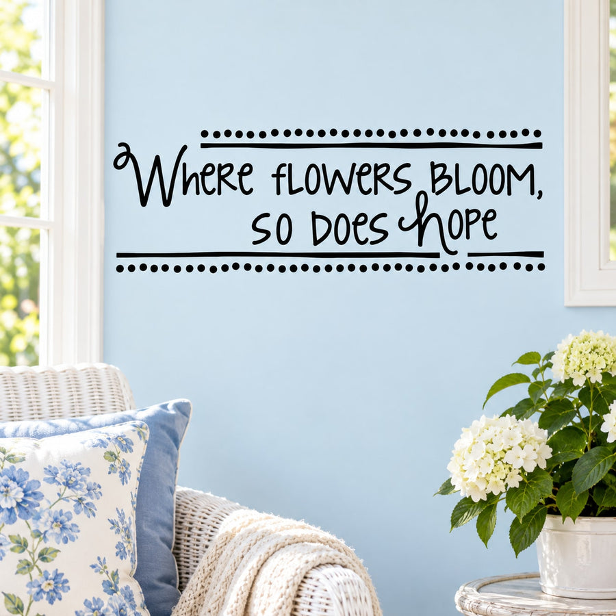 Inspirational wall decal with cursive quote and dotted border, black lettering