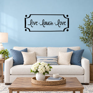 Black rectangle wall decal with "Live Laugh Love" lettering