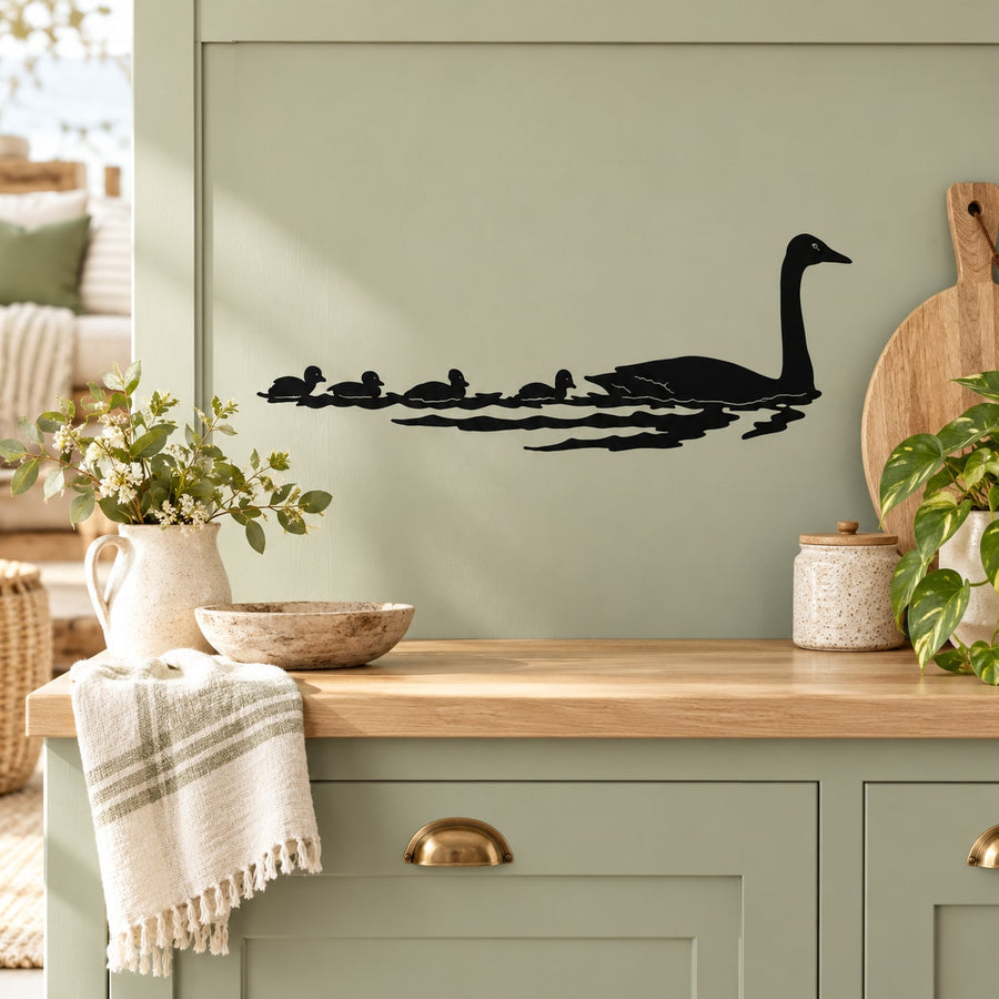 Geese family swimming wall decal with black goose silhouette