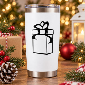 Stainless steel travel tumbler with black gift present graphic