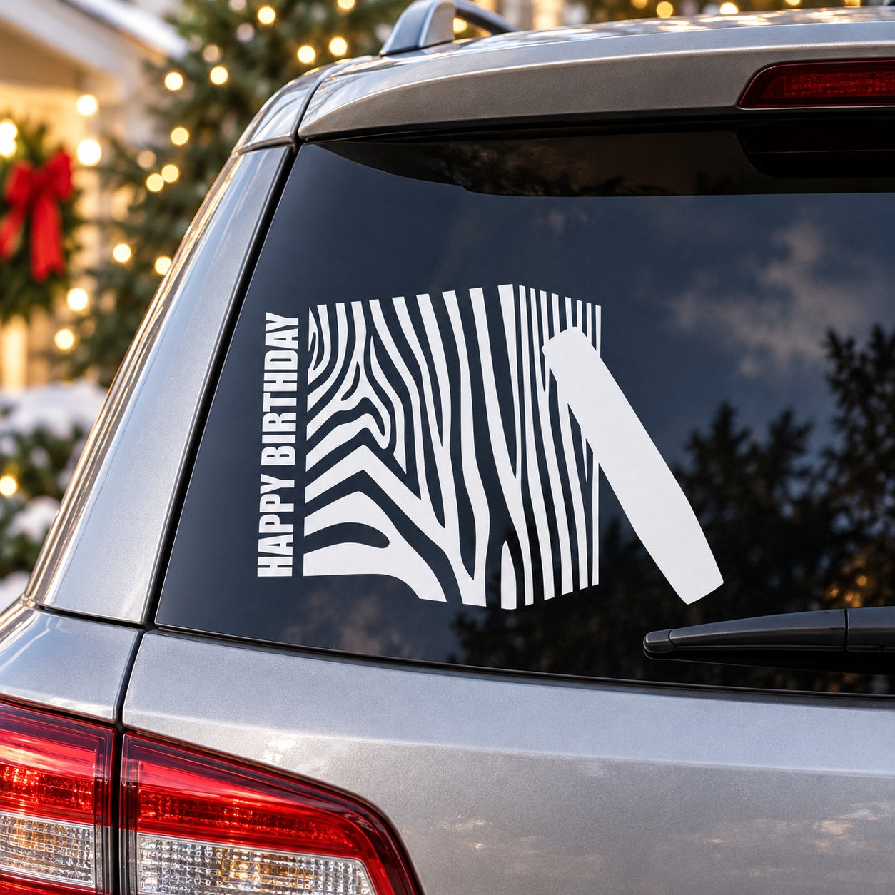 Zebra print Happy Birthday vinyl decal, black text on white strip for wall or car