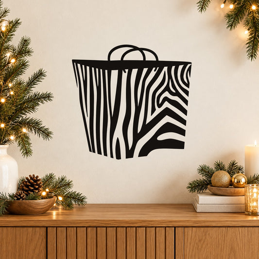 Zebra-striped gift bag decal with black-and-white striped bag outline and handles