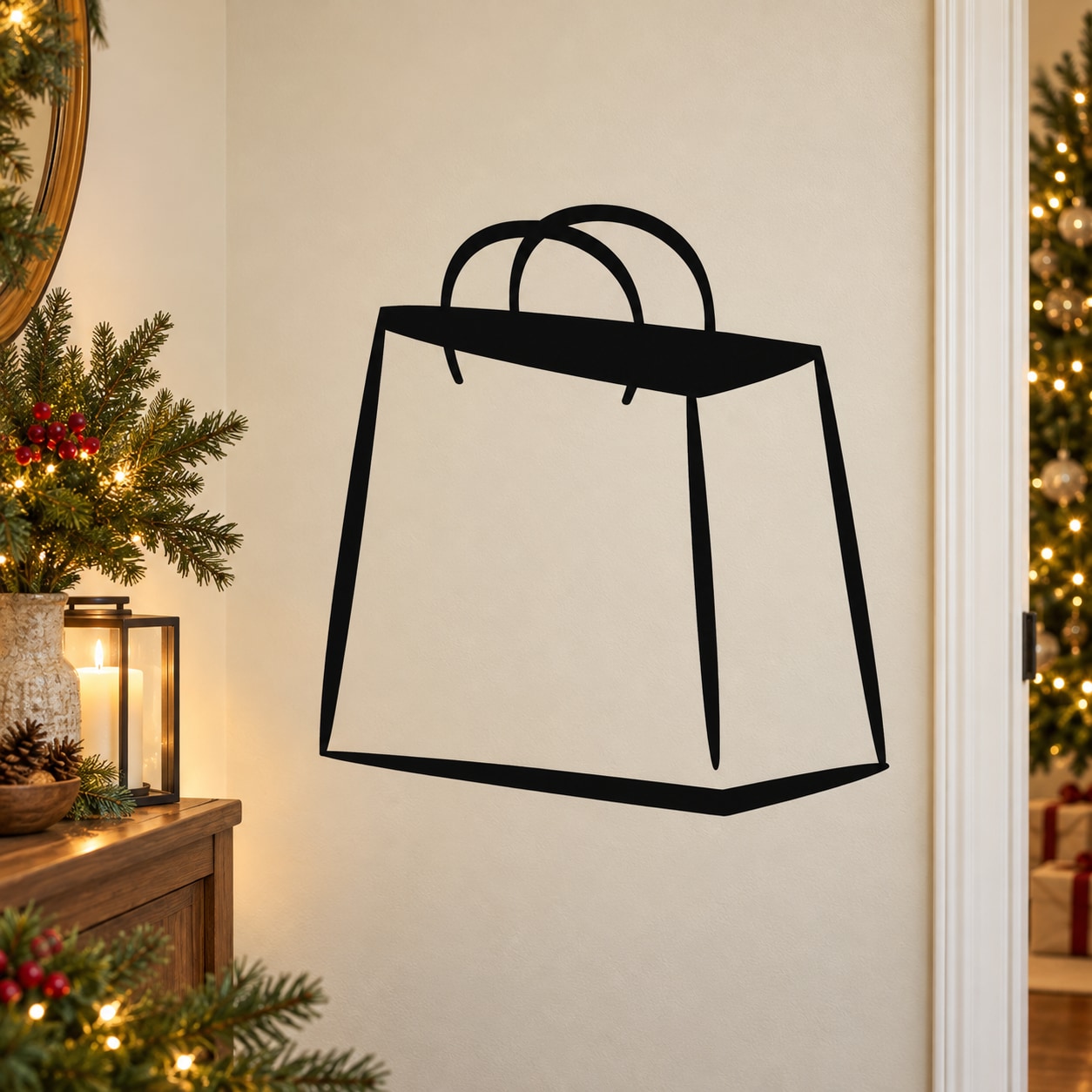 Black shopping gift bag wall decal with curved handles and side fold lines