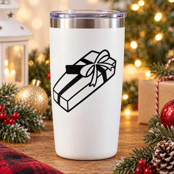 White tumbler with black gift box vinyl decal