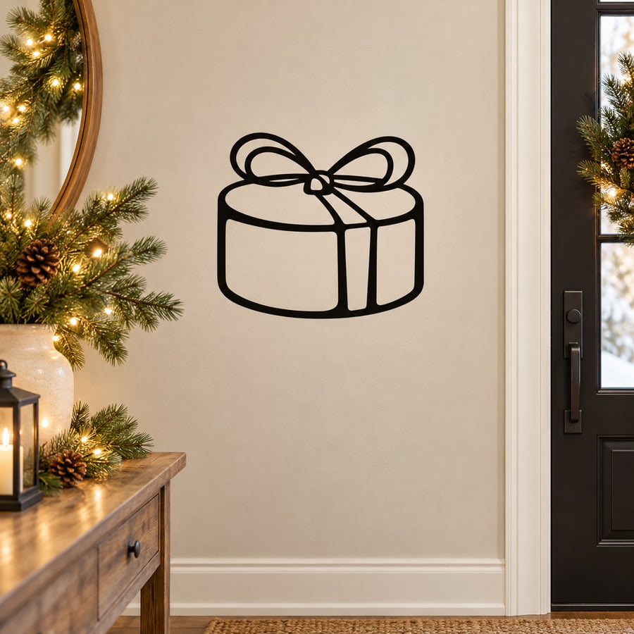 Gift box wall decal with ribbon bow, black vinyl outline