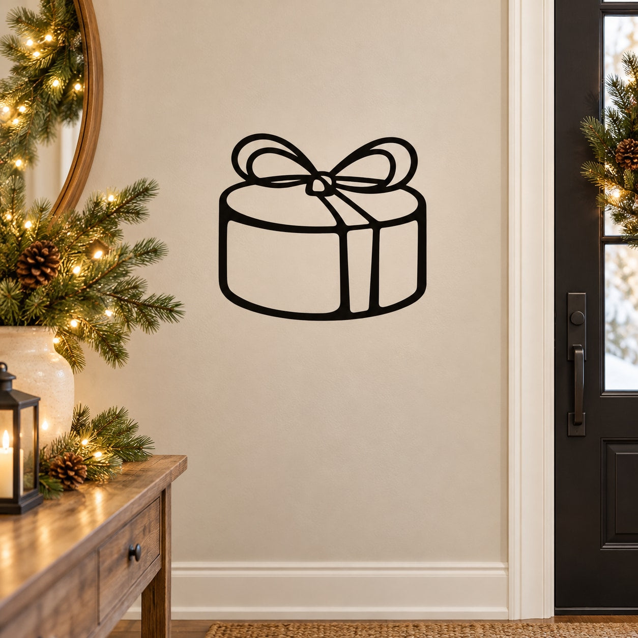 Gift box wall decal with ribbon bow, black vinyl outline