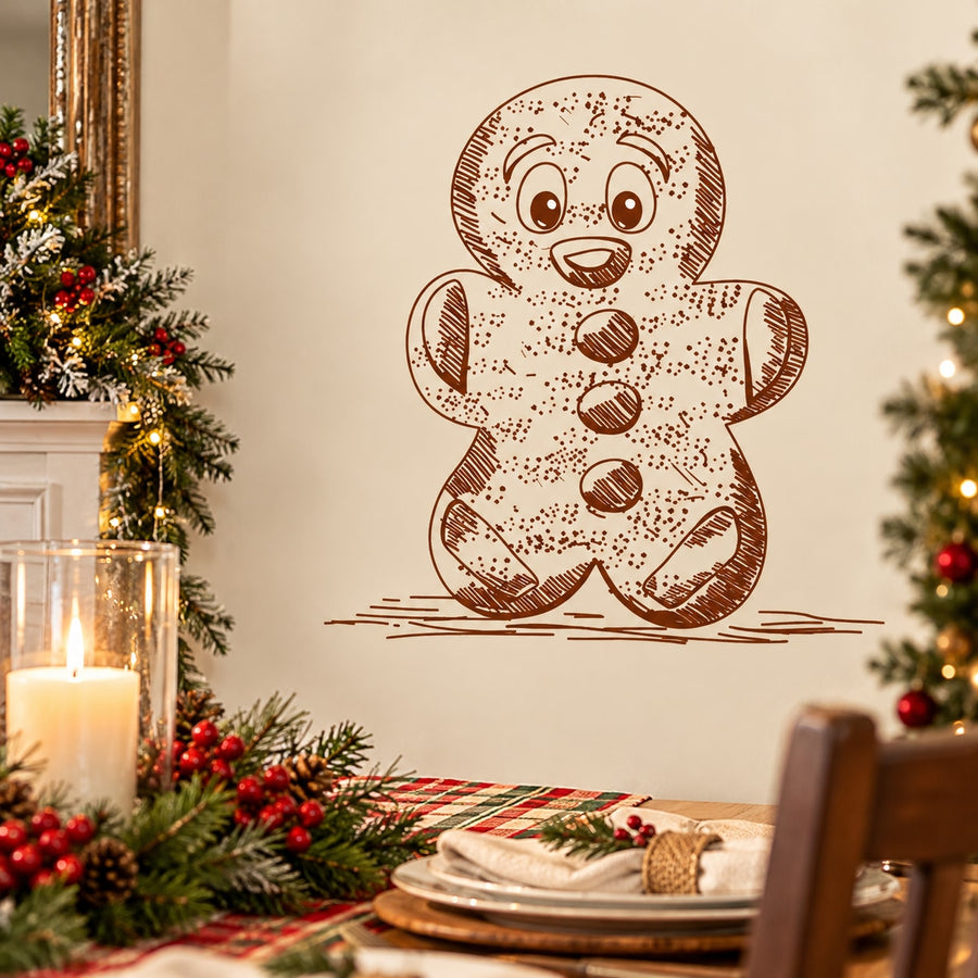 Gingerbread man sticker with brown illustrated cookie character on a light background