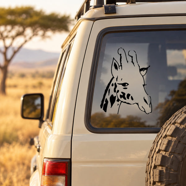 Giraffe head decal in black on a car window