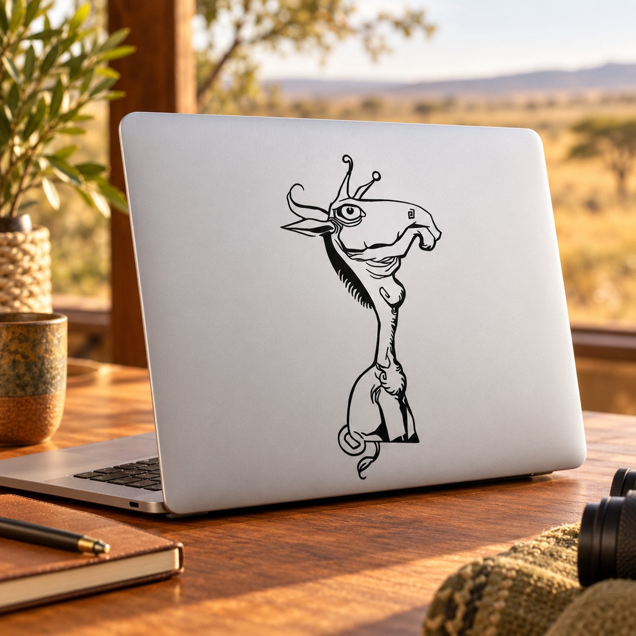 Black line-art giraffe decal on a white laptop lid