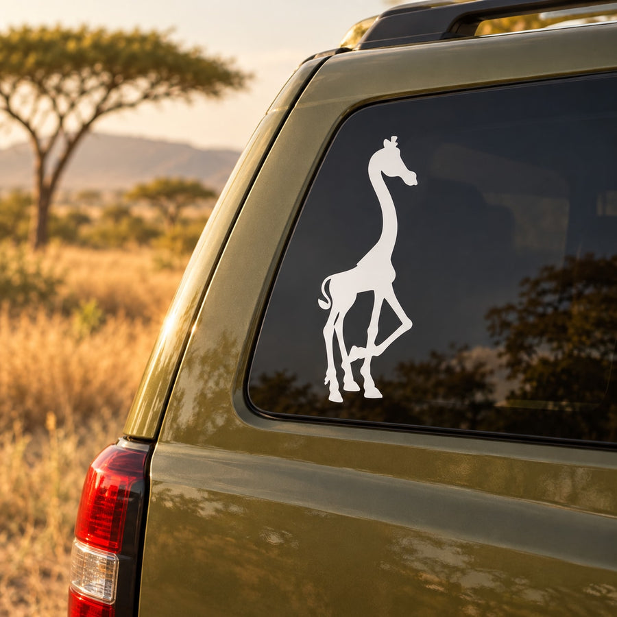 White walking giraffe decal on a car rear window