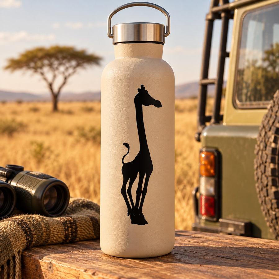 Standing giraffe decal on cream water bottle with black silhouette