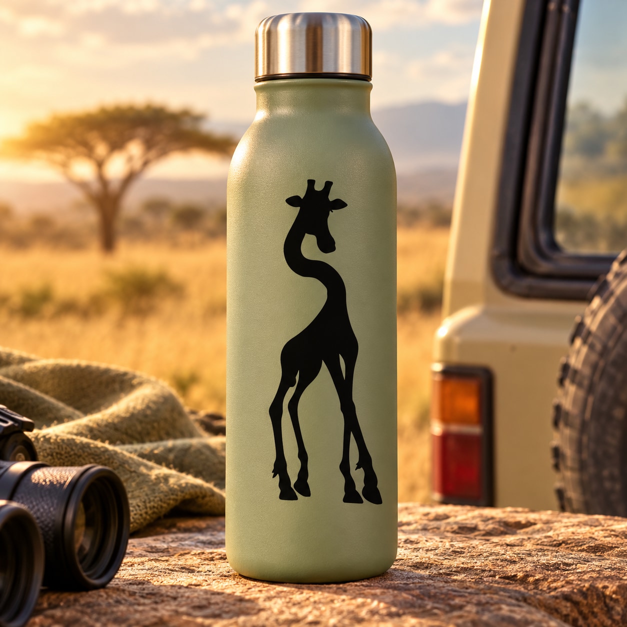 Black giraffe silhouette decal with Japanese-style character on light background