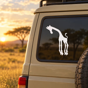 Downward-looking giraffe silhouette decal on car window, black