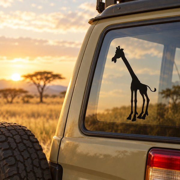 Black giraffe neck silhouette decal on car window