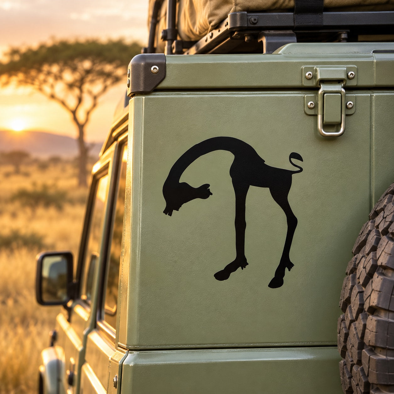 Bending over giraffe decal on olive utility case door
