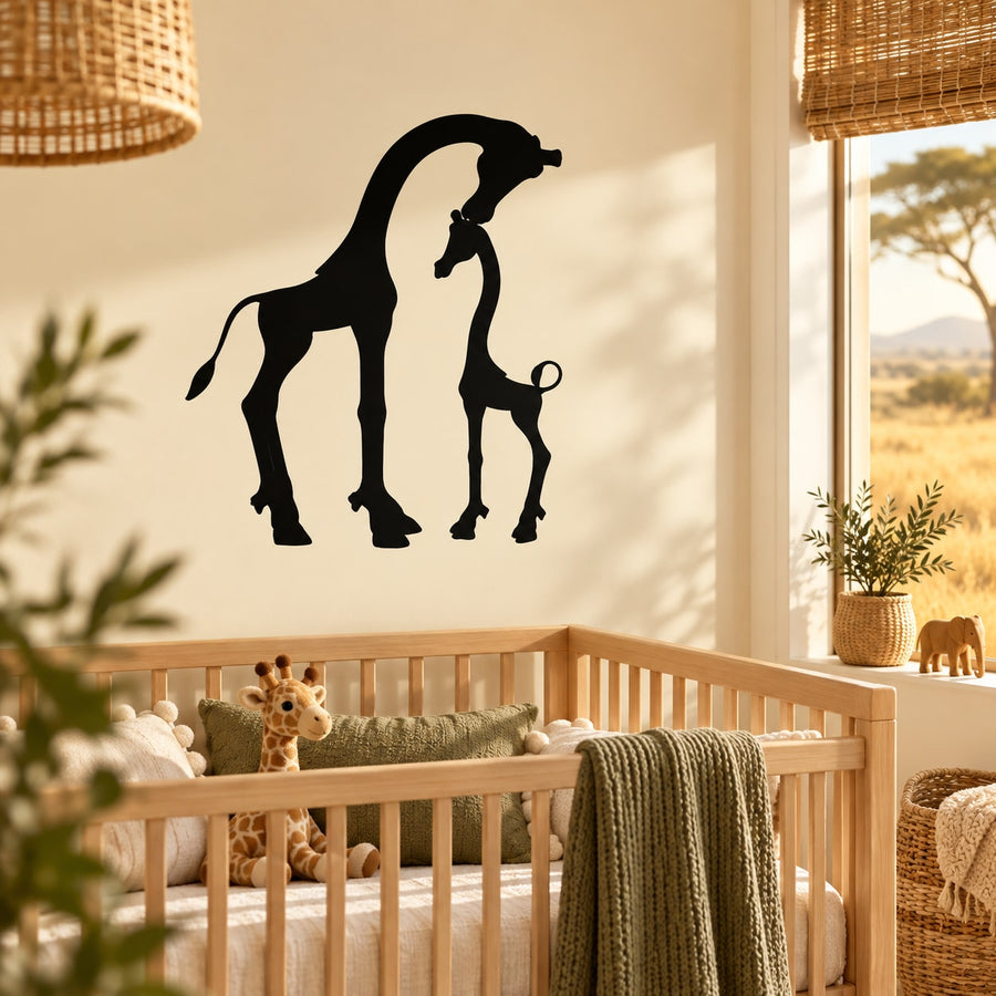 Giraffe mother and baby wall decal, black silhouette figures