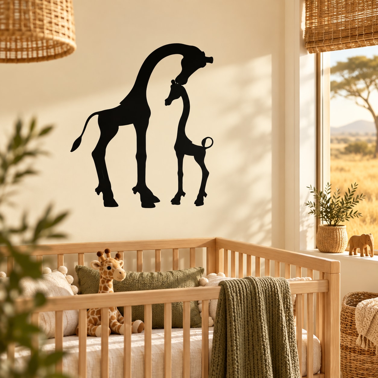 Giraffe mother and baby wall decal, black silhouette figures