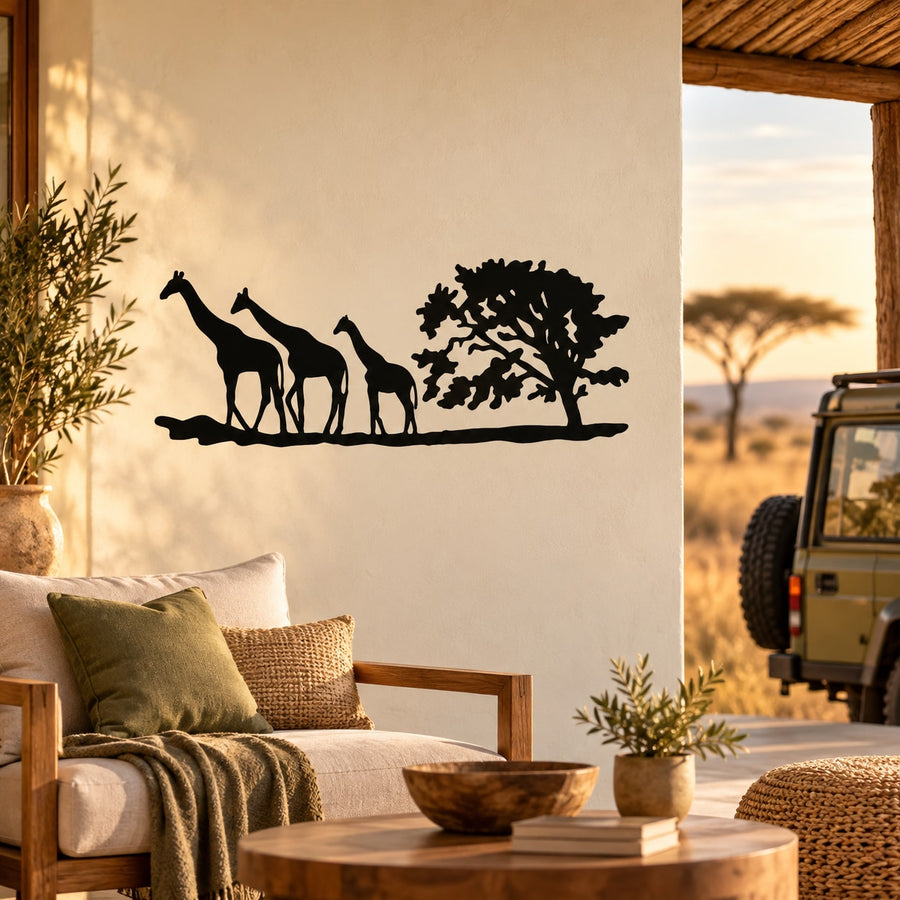 Safari wall decal of black giraffe family silhouette and tree, for living room