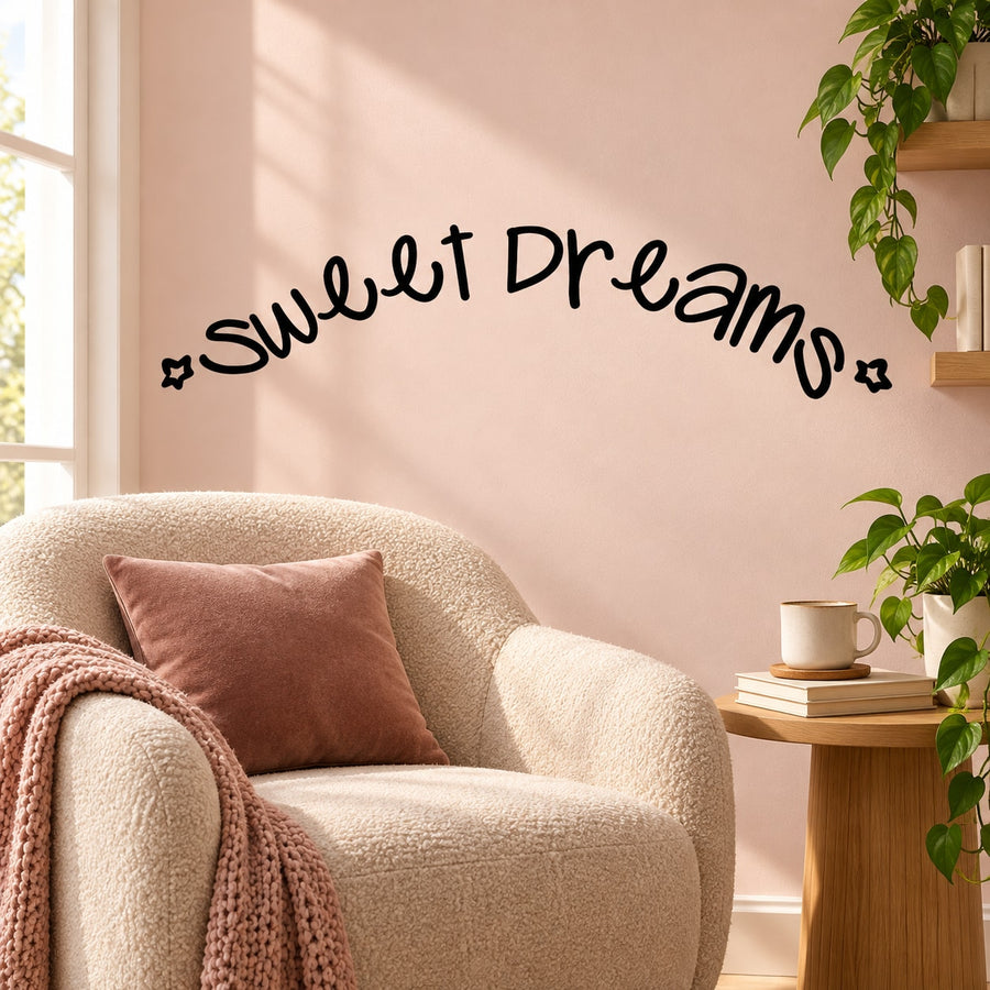 Sweet Dreams wall quote mural decal in black cursive lettering