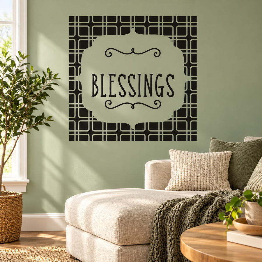 Ornate wall decal reading 'BLESSINGS' with scrollwork and dark grid backing