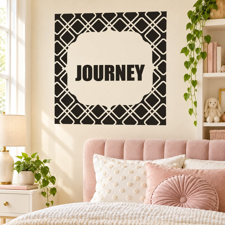 Black and white Journey wall decal with geometric border and circular center