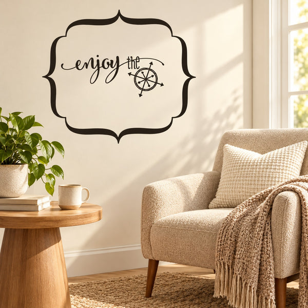 Enjoy the wall decal with scalloped black border and compass icon in the center