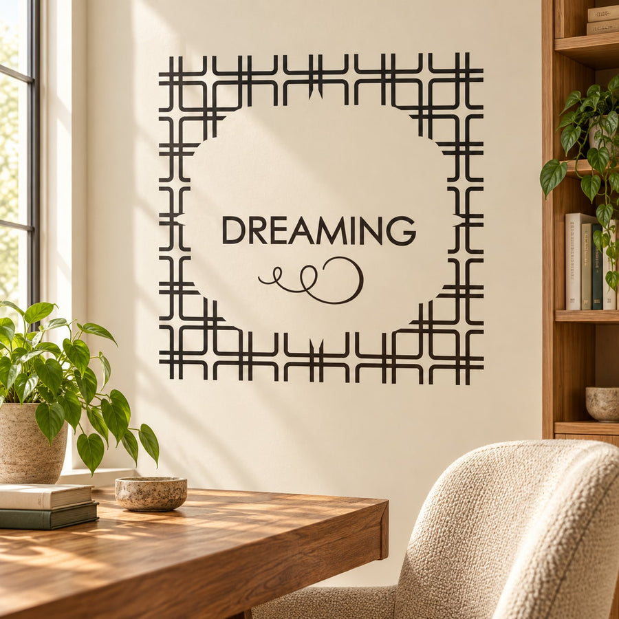 Black dreaming wall decal with circular frame, “DREAMING” text, and heart icon
