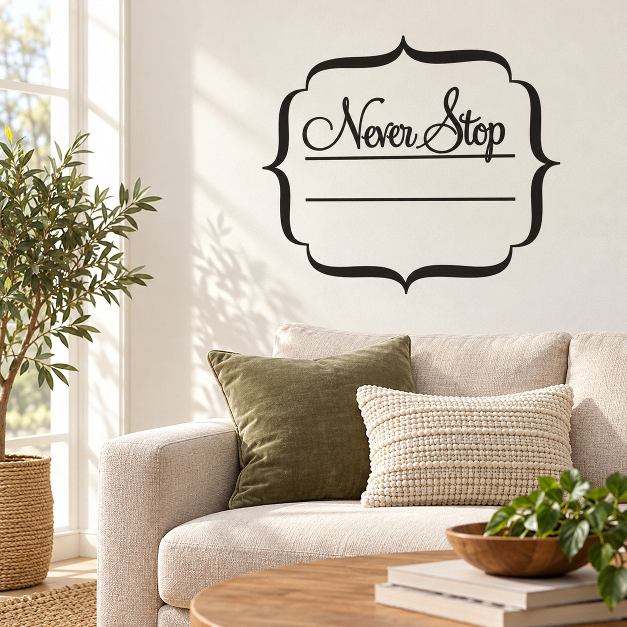 Black “Never Stop” wall decal with ornate frame