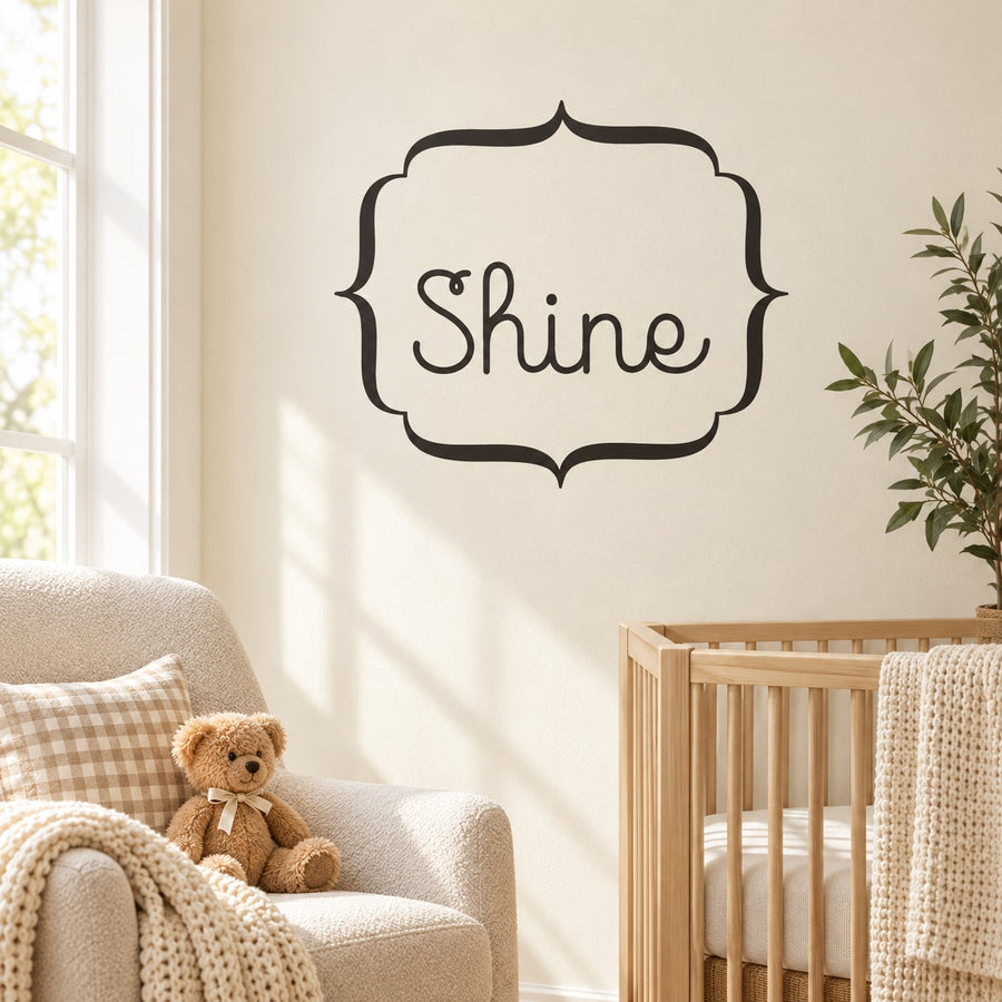 Shine wall decal with outlined badge design in black