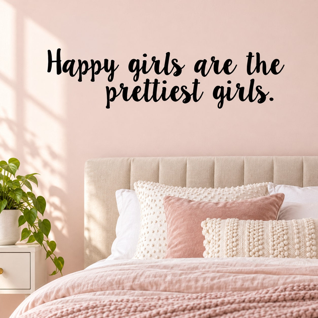 Wall decal with black cursive text: “Happy girls are the prettiest girls.”