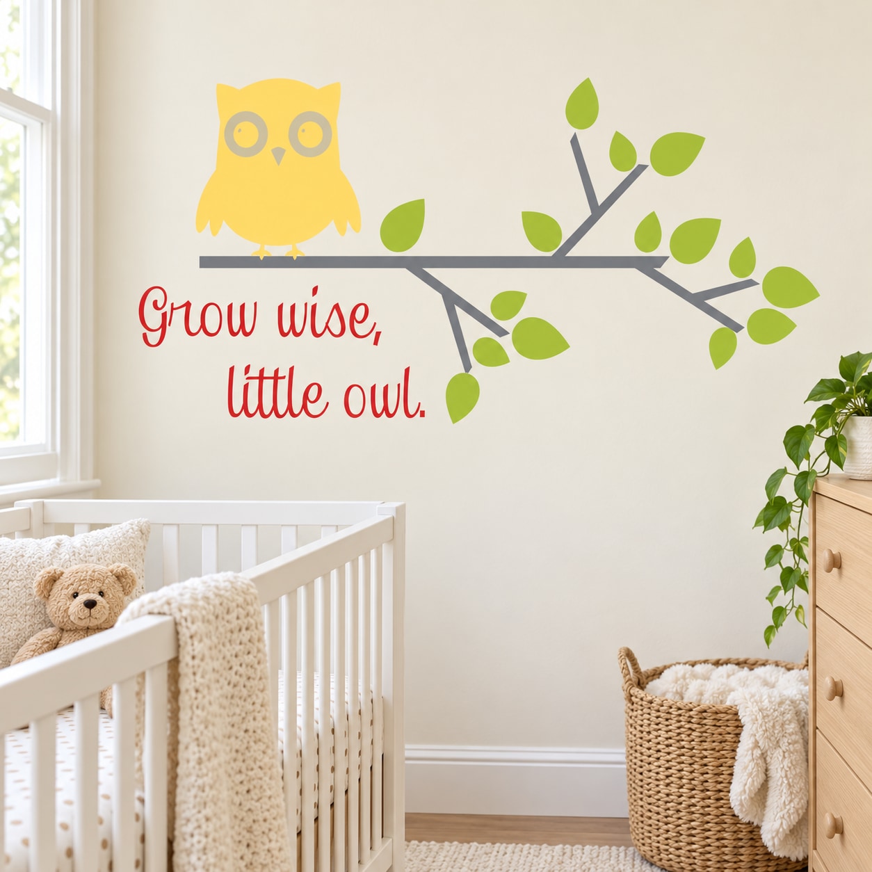 Owl wall decal with yellow little owl, green branch leaves, and red 'Grow wise, little owl' text.