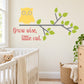 Owl wall decal with yellow little owl, green branch leaves, and red 'Grow wise, little owl' text.