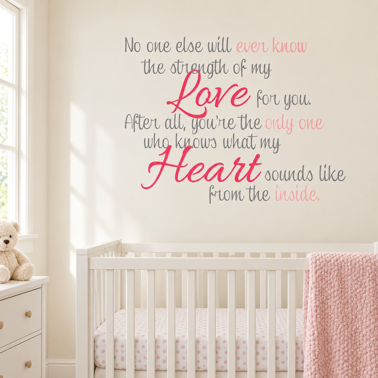 Romantic wall decal with cursive 'Love' and 'Heart' text in dark and pink