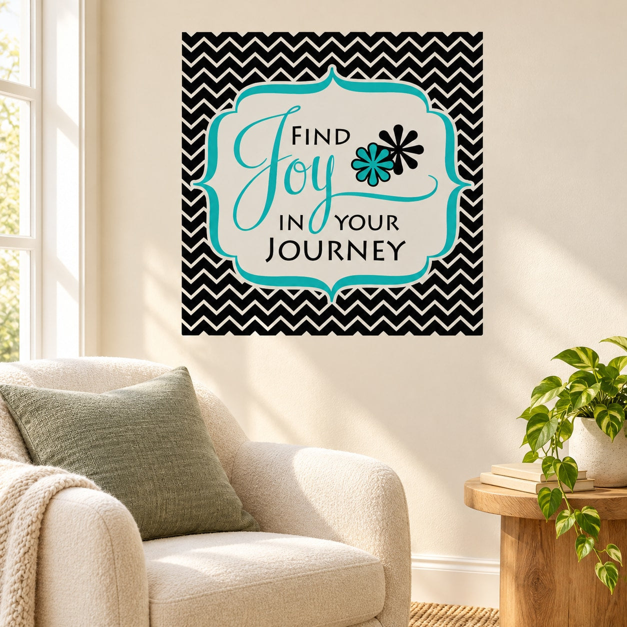 Wall decal: black chevron with teal border reading “Find Joy in your Journey”