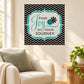 Wall decal: black chevron with teal border reading “Find Joy in your Journey”