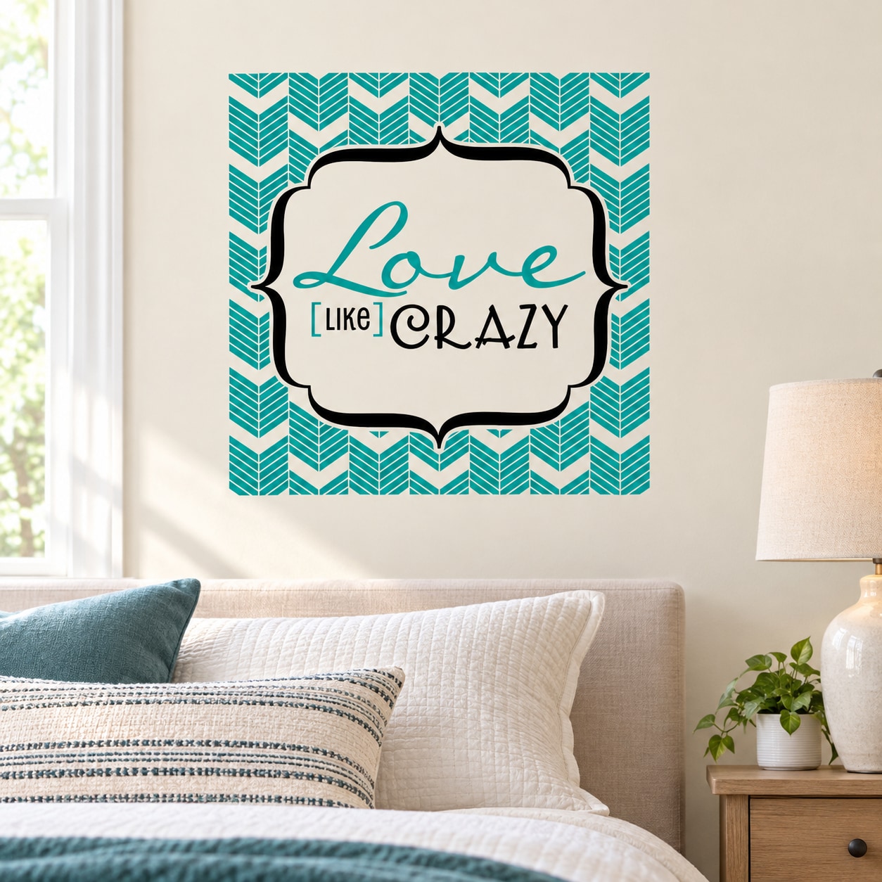 Love Like Crazy wall decal, teal quote on white speech-bubble outline