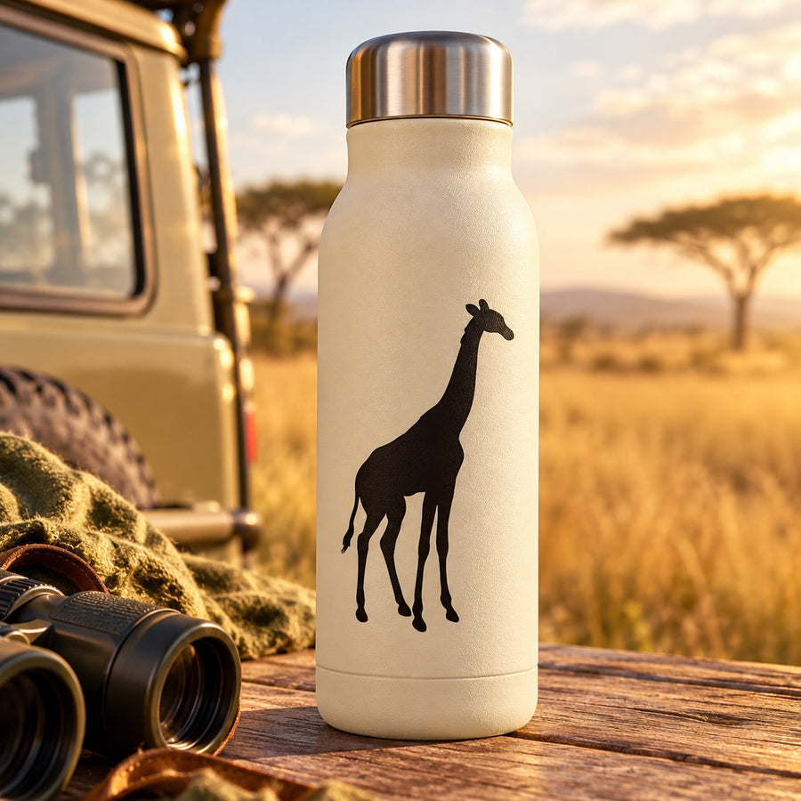 Standing giraffe silhouette decal on beige water bottle