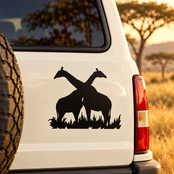 Embracing giraffes decal, black silhouette of two giraffes nuzzling on white vehicle