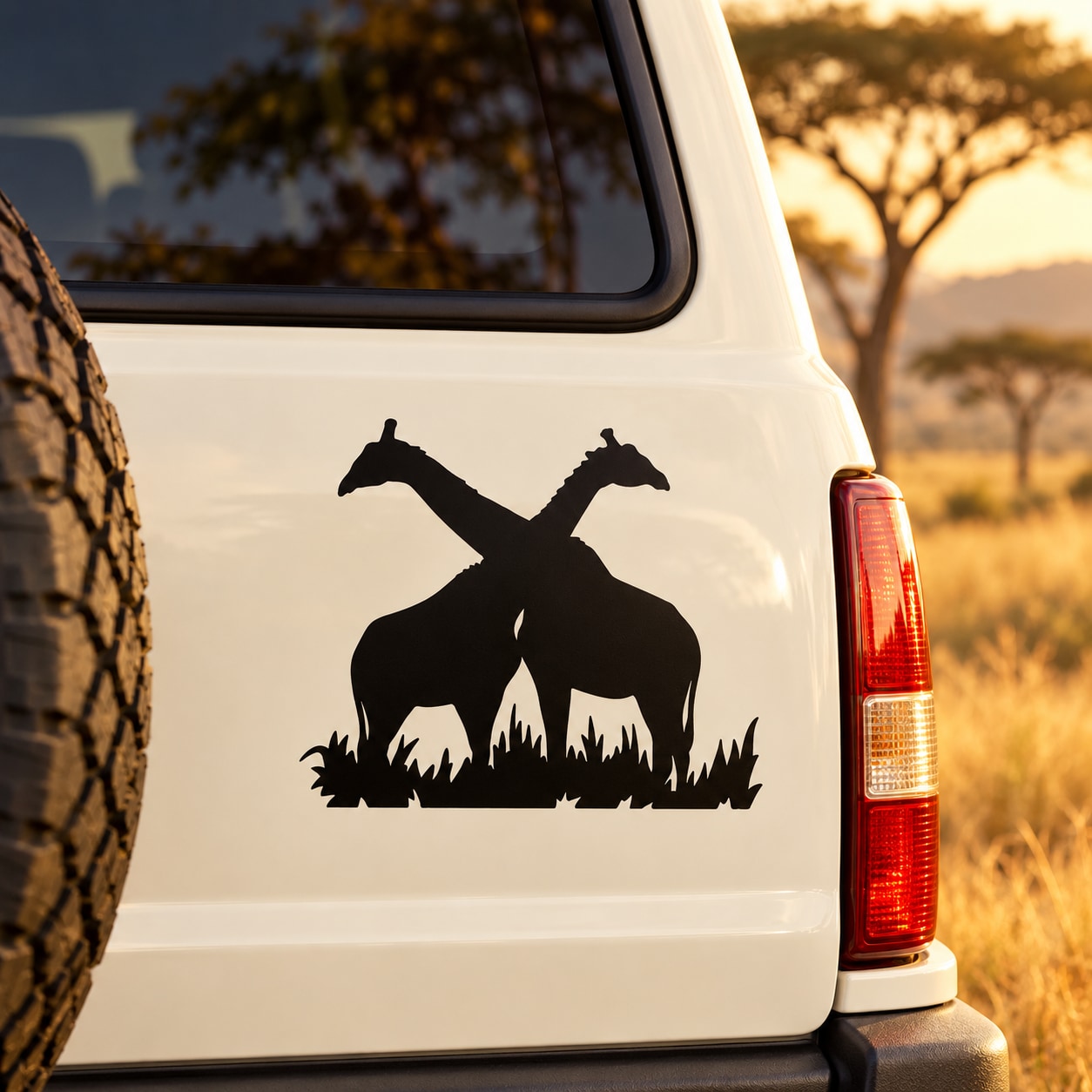 Embracing giraffes decal, black silhouette of two giraffes nuzzling on white vehicle