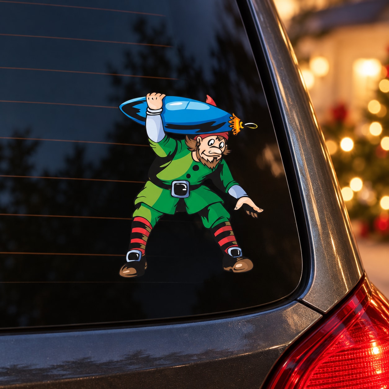 Blue oblong ornament decal of an elf in green carrying a blue item