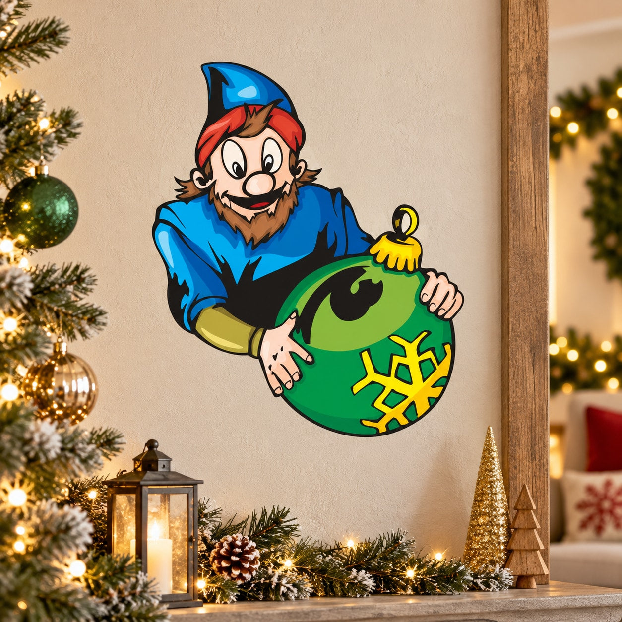 Christmas ornament decal: cartoon elf holding a green snowflake ornament ball