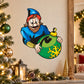 Christmas ornament decal: cartoon elf holding a green snowflake ornament ball