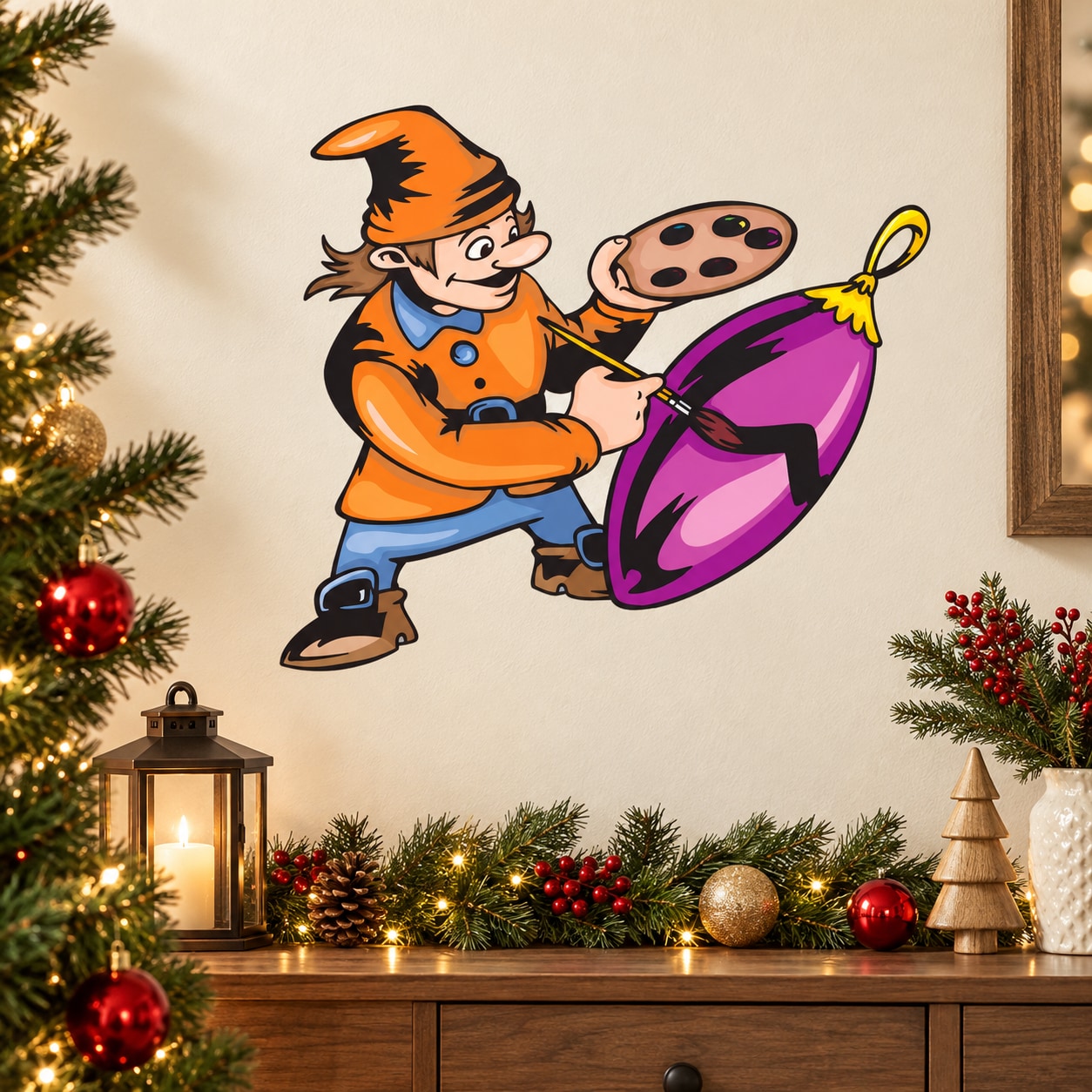 Elf painting eggplant ornament sticker, cartoon elf holding a paint palette