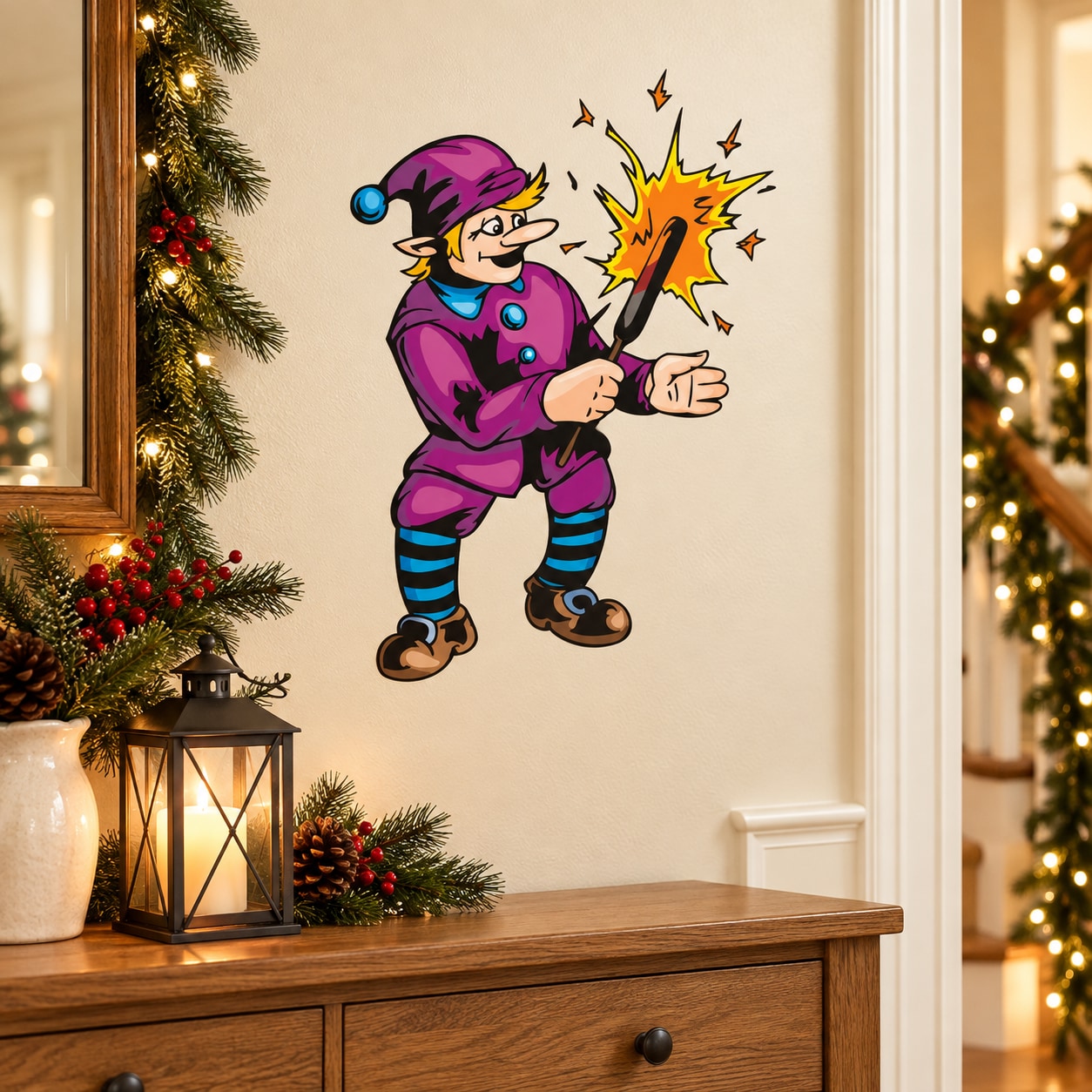 Purple cartoon elf sticker holding a lit holiday sparkler with starburst sparks