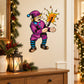Purple cartoon elf sticker holding a lit holiday sparkler with starburst sparks