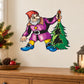 Cartoon elf holding star-topped Christmas tree wall sticker, purple coat and red hat