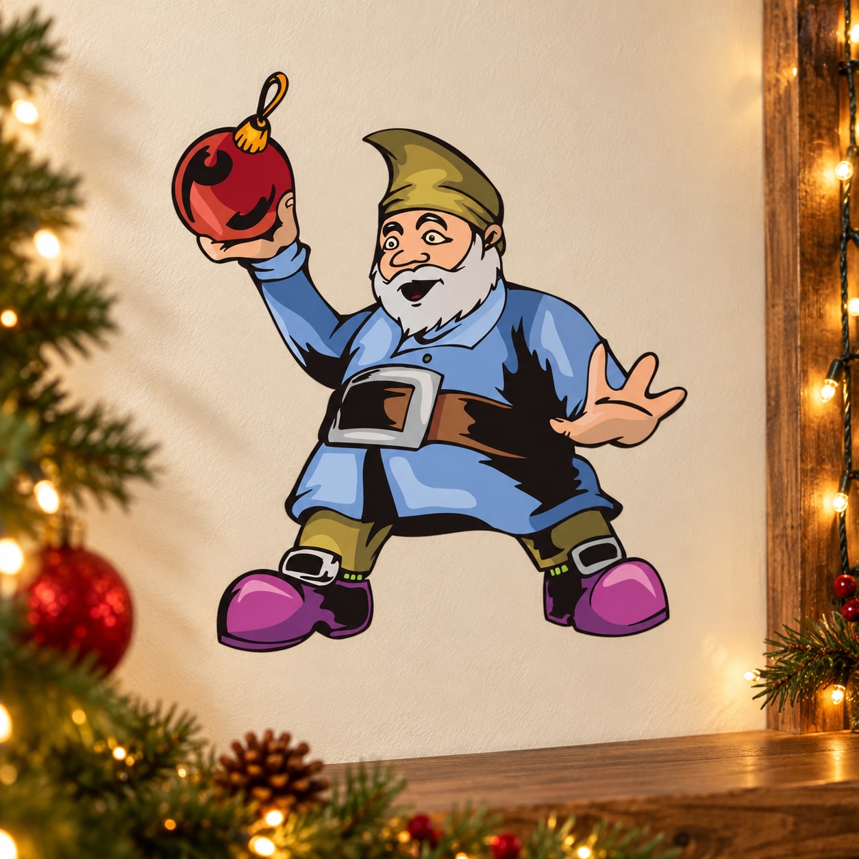 Cartoon elf tossing red ball ornament decal, blue outfit and green pointed hat