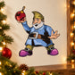 Cartoon elf tossing red ball ornament decal, blue outfit and green pointed hat